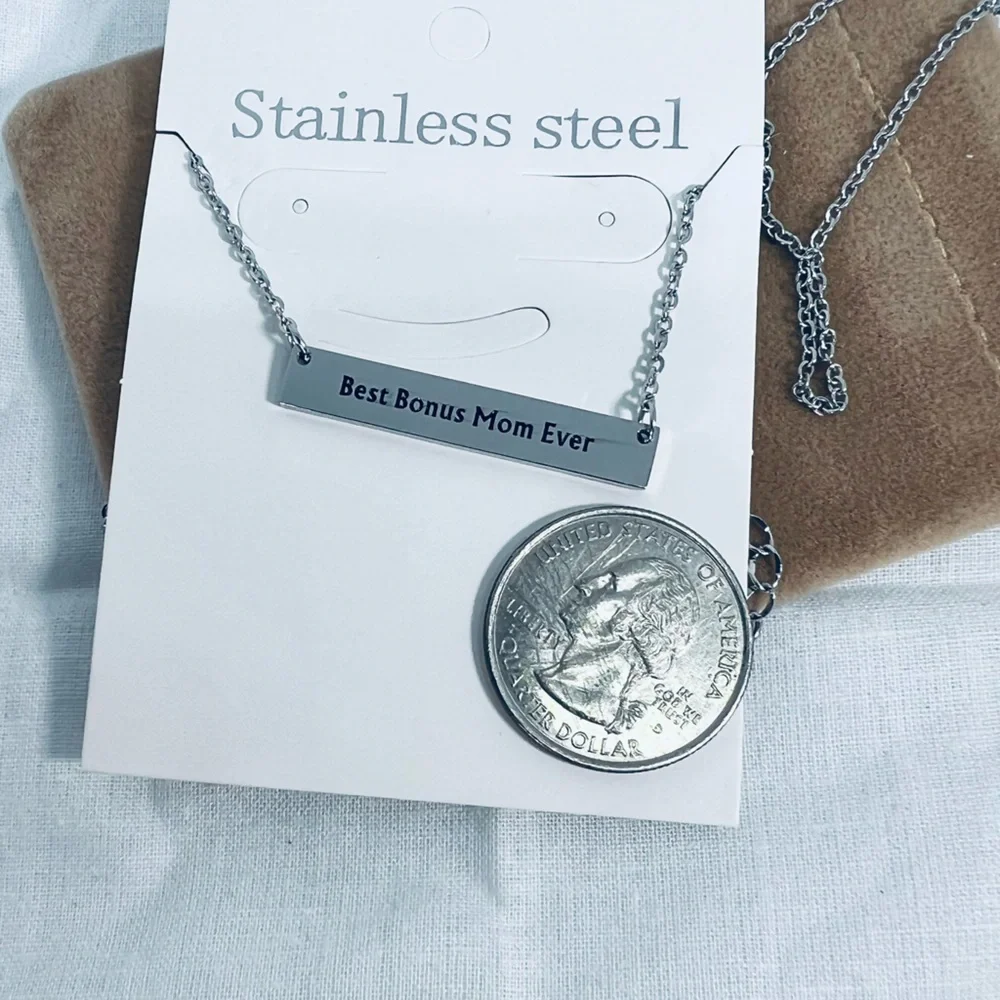 Best Bonus Mom Ever Titanium Stainless Steel Personal Bar Necklace Stepmom Retro